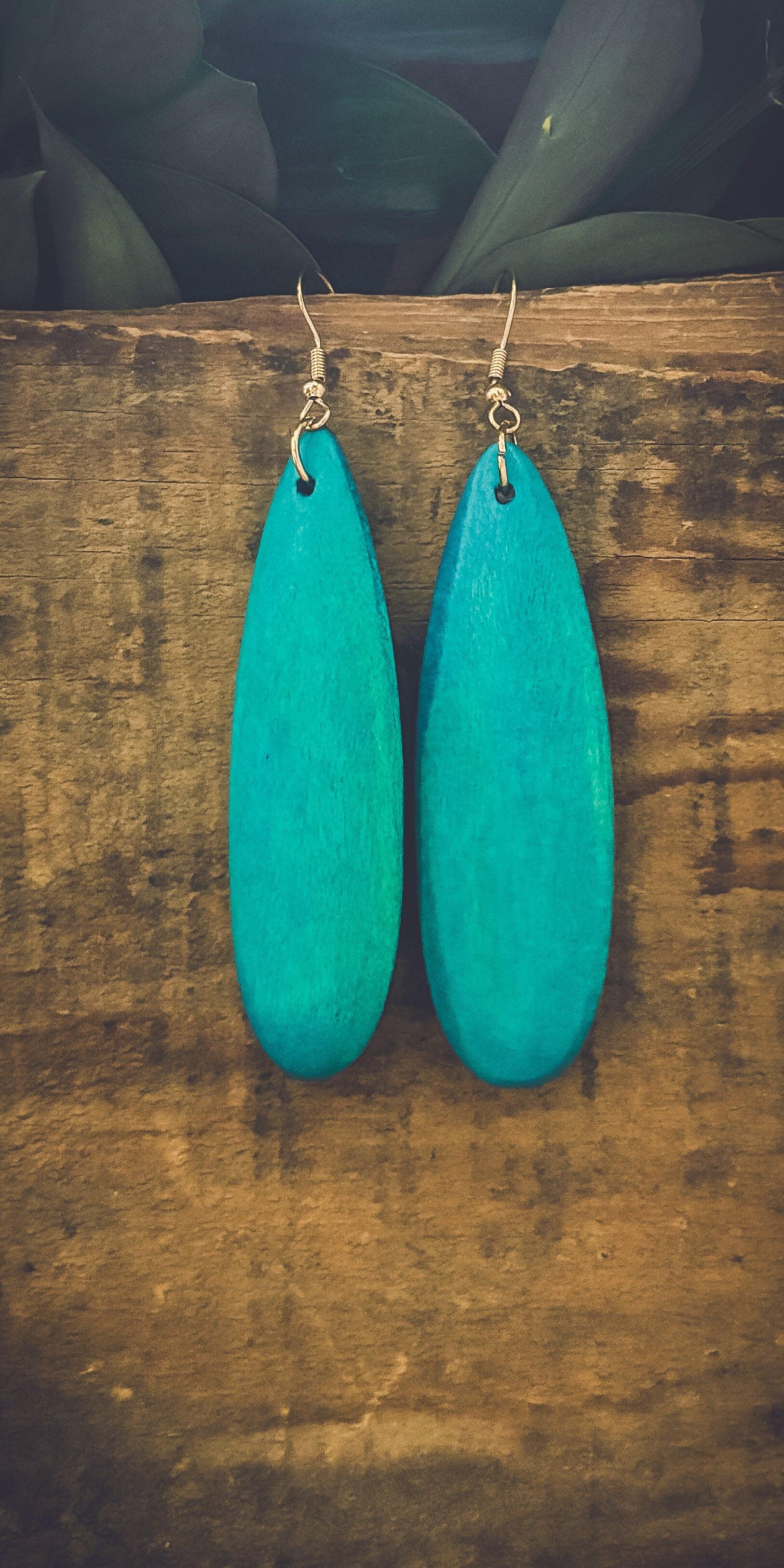 Beautiful Wooden Turquoise Drop Earrings