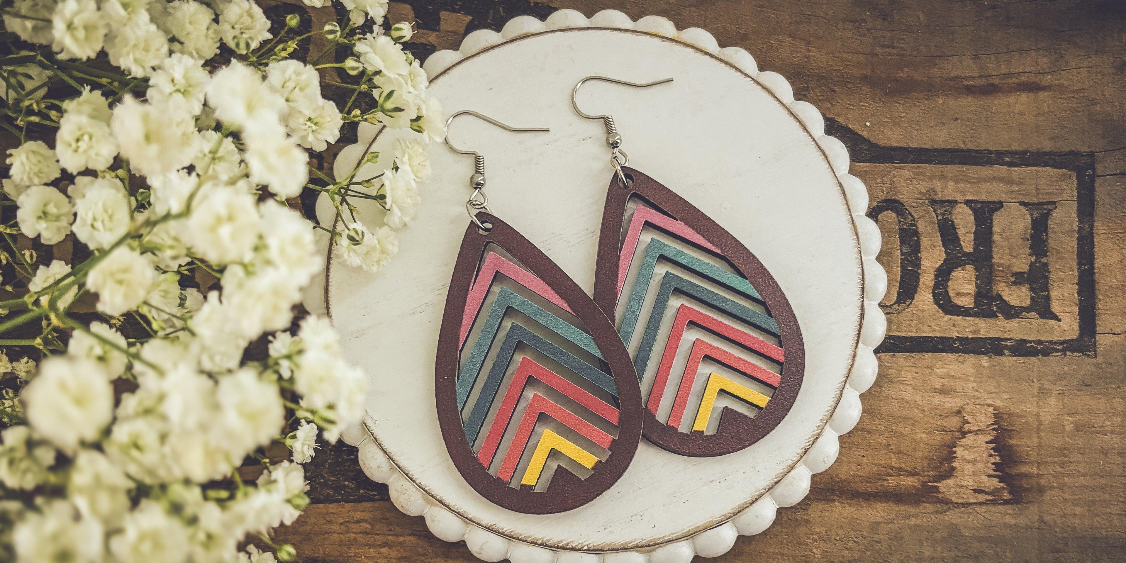 Wooden Rainbow Mountains Laser Cut Earrings