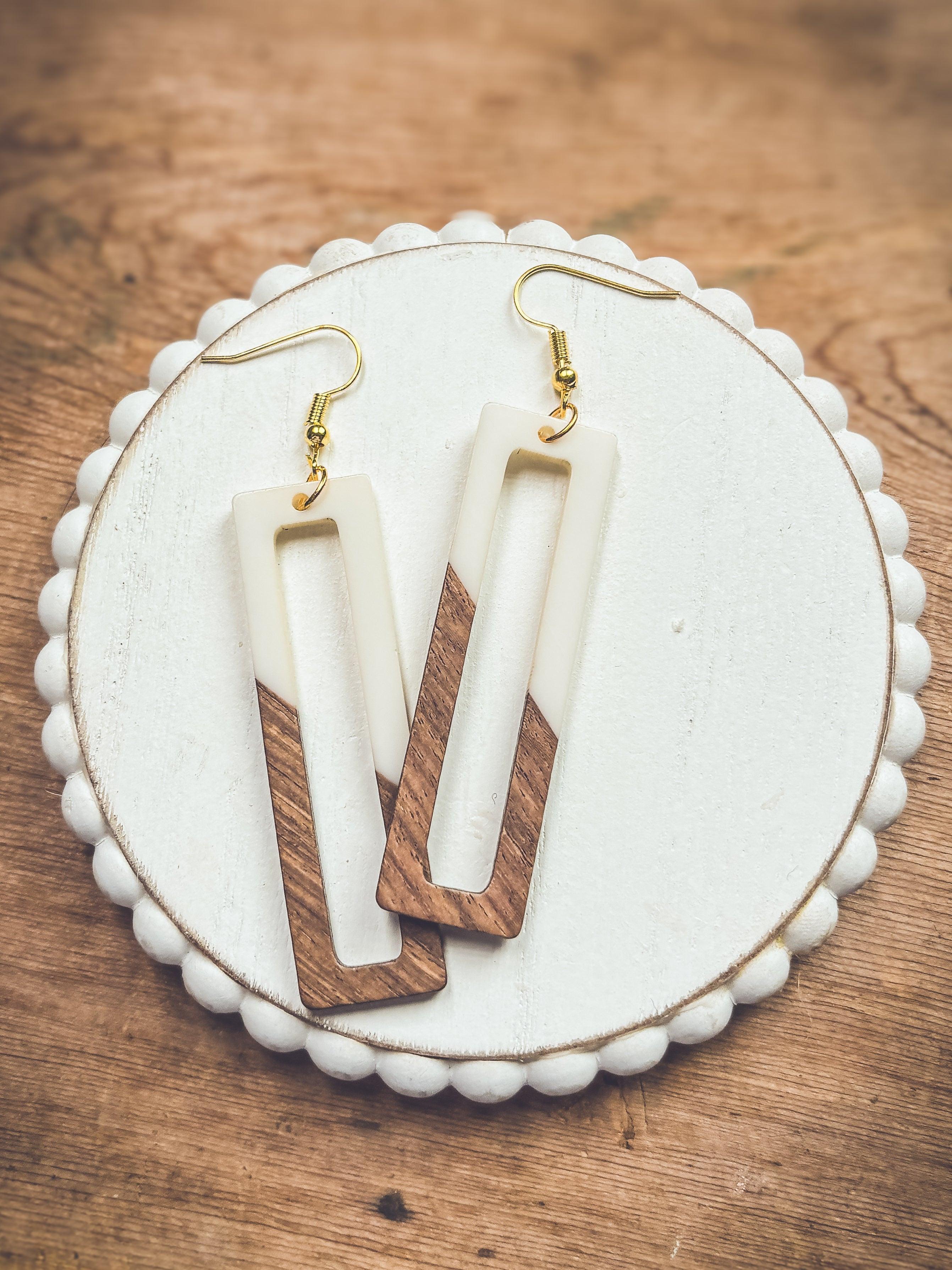 Rectangular White Resin and Wood Earrings