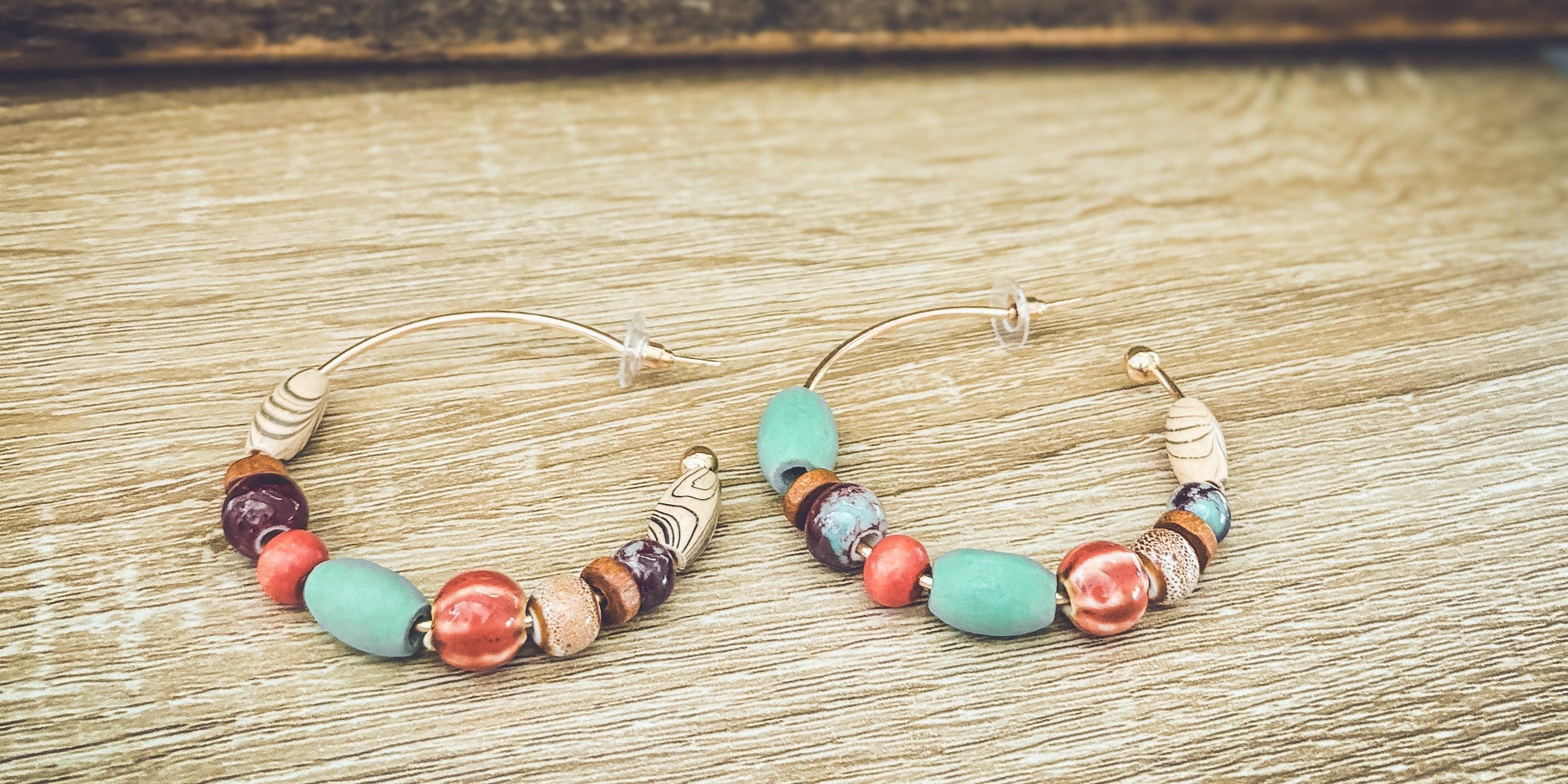 Bohemian Colorful Beaded Stone Hoop Earrings