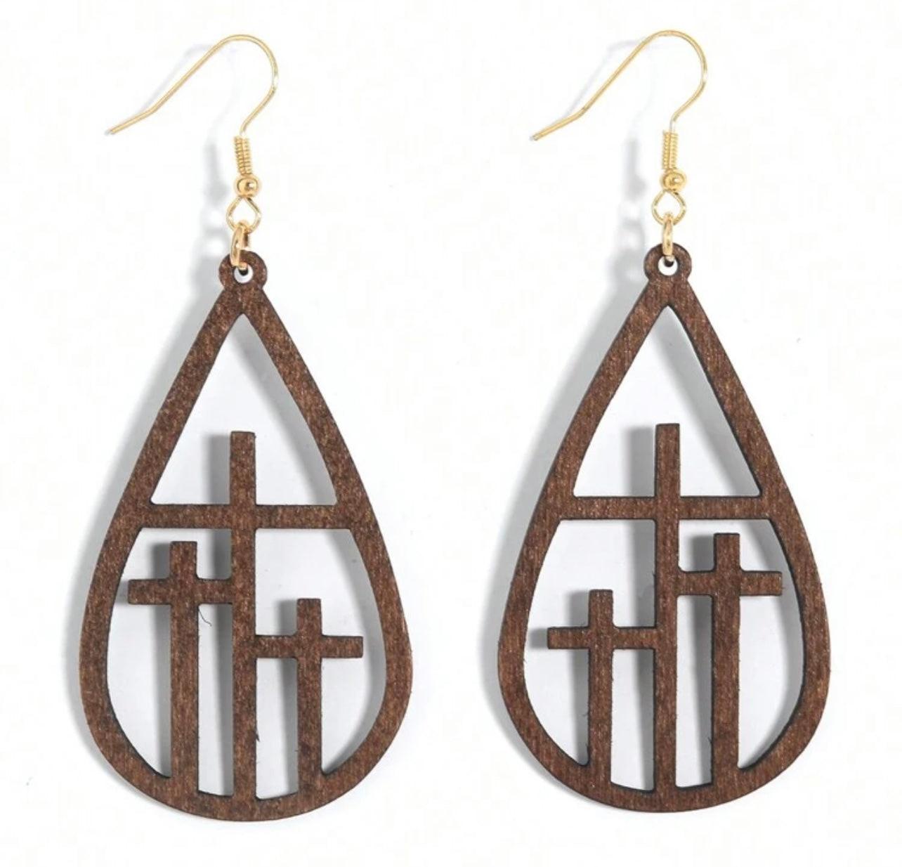 Beautiful Cross at Calvary Wood Earrings