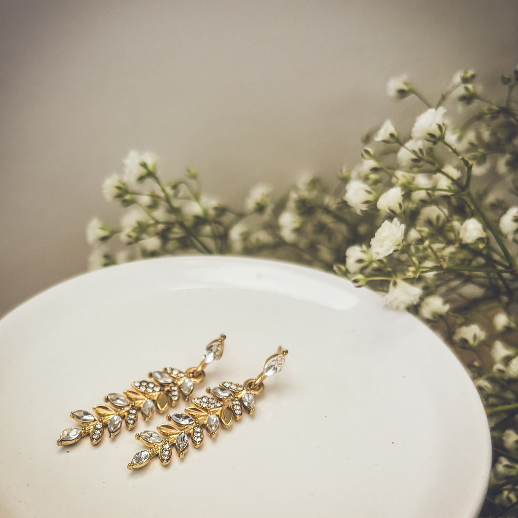 Beautiful Crystal and Gold Drop Leaf Earrings