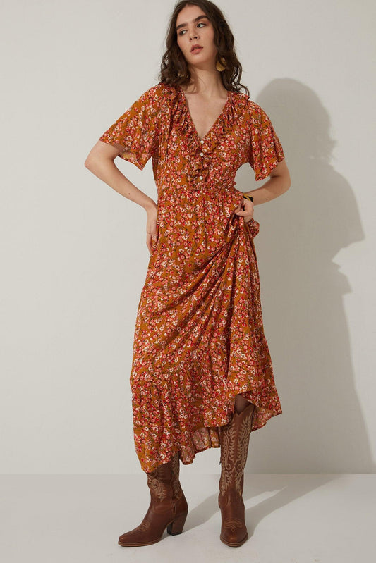 Bohera Bernadette Blumenhalsrüschenkleid