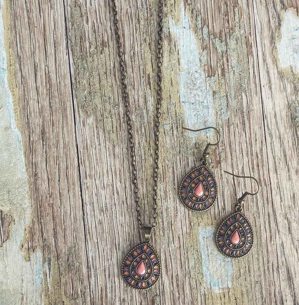 Beautiful Boho Orange Crystal Necklace and Earring Set