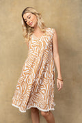 Nicole Patterned Empire Waist Dress In off White and Brown