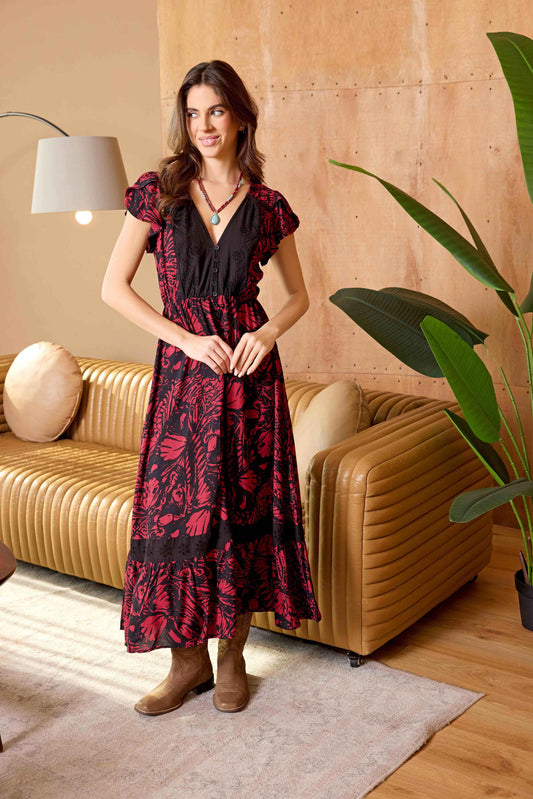 Bohera Songbloom ärmelloses Maxi-Kleid mit V-Ausschnitt in Deep Rouge