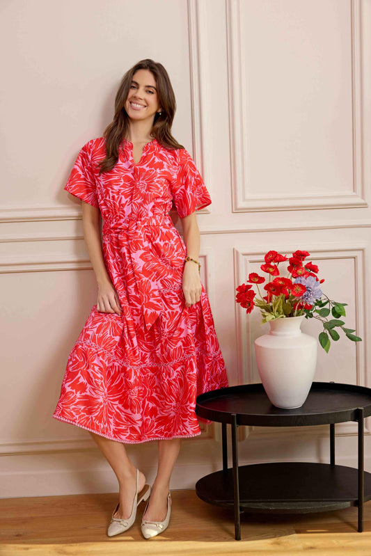 Bohera Wiese Wellenrüschenkragen-Midikleid mit Taillenbindung in Rubinrot