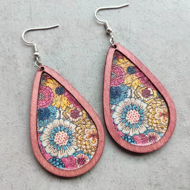 Beautiful Colorful Floral Wood Drop Earrings