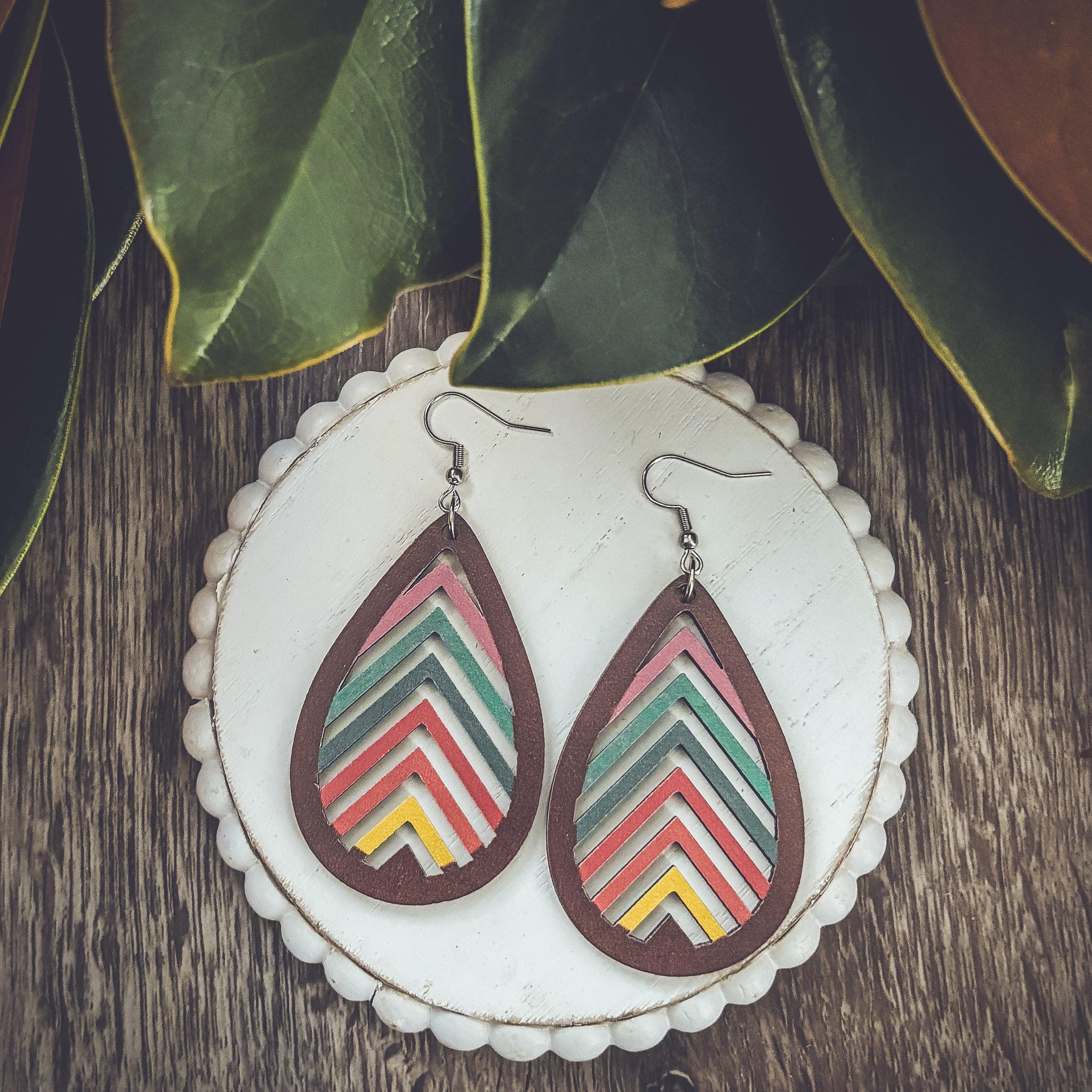 Wooden Rainbow Mountains Laser Cut Earrings