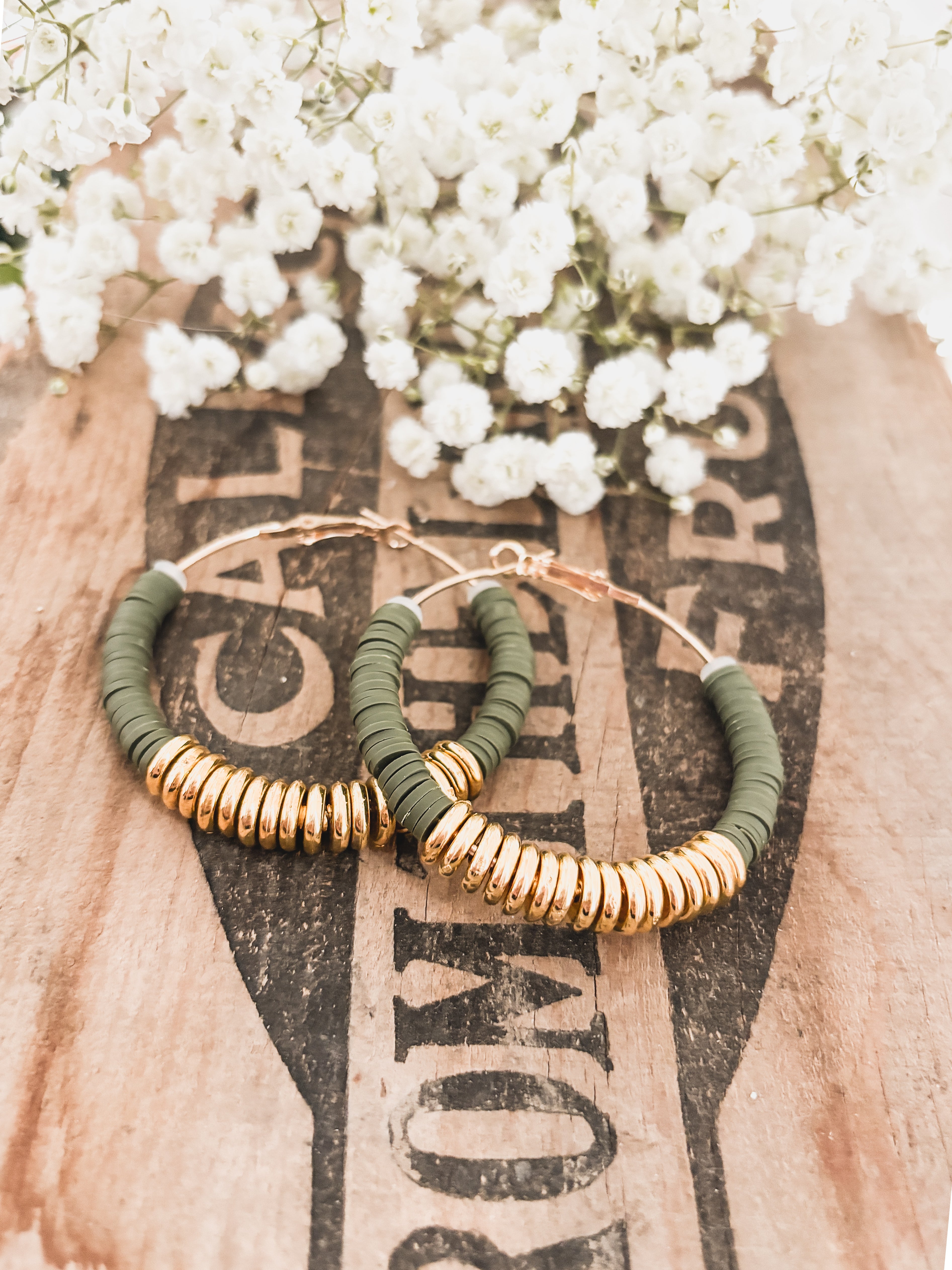 Beautiful Green and Gold Clay Hoops