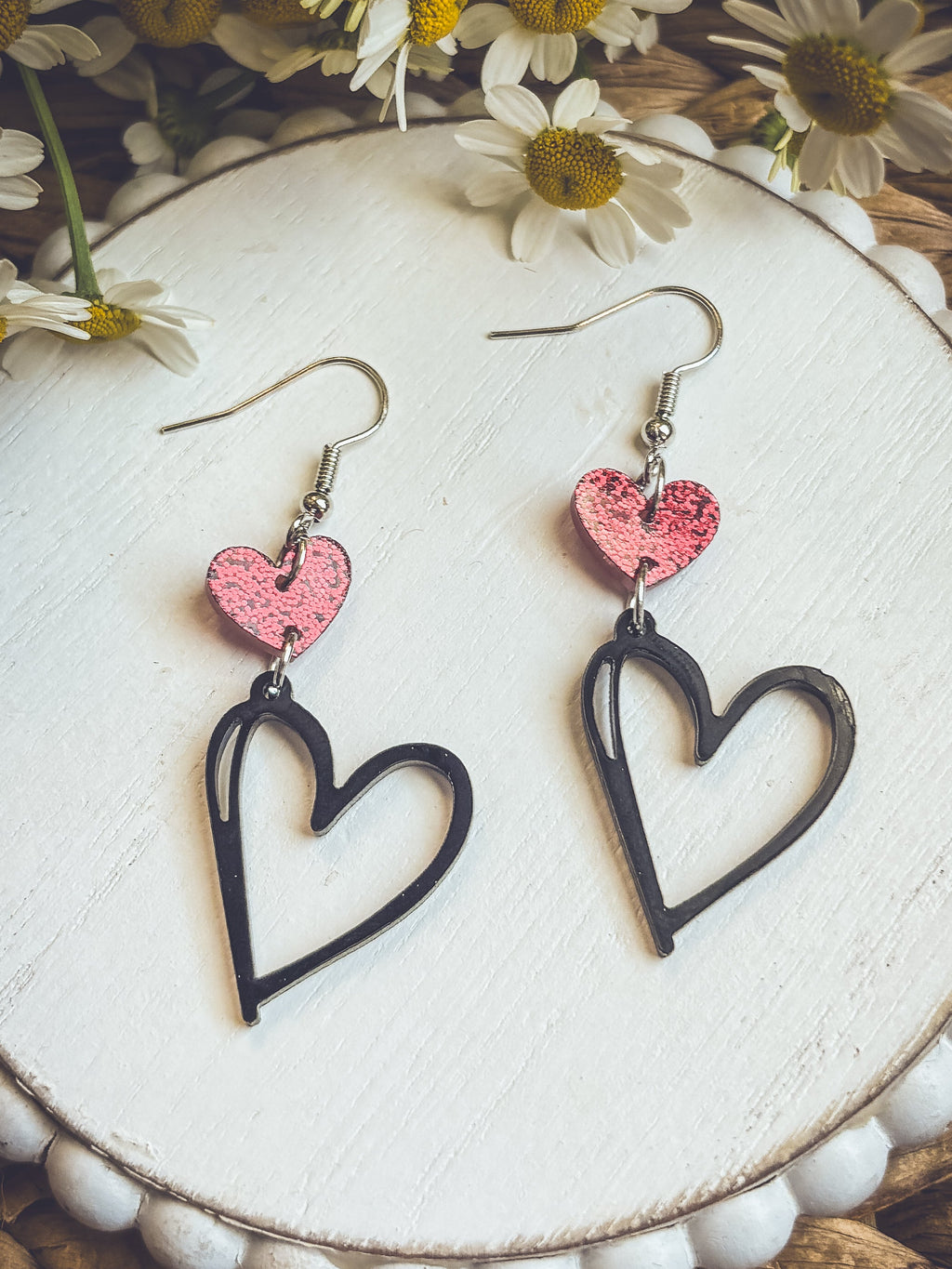 Adorable Black and Red Heart Drop Earrings