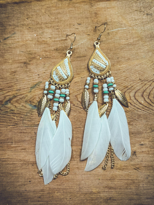 Beautiful White Boho Feather Earrings