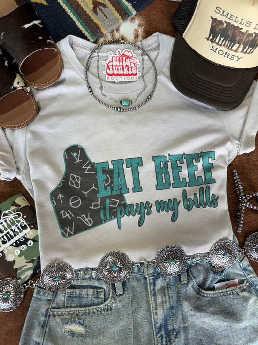 T-Shirt mit Spruch „Eat Beef It Pays My Bills“