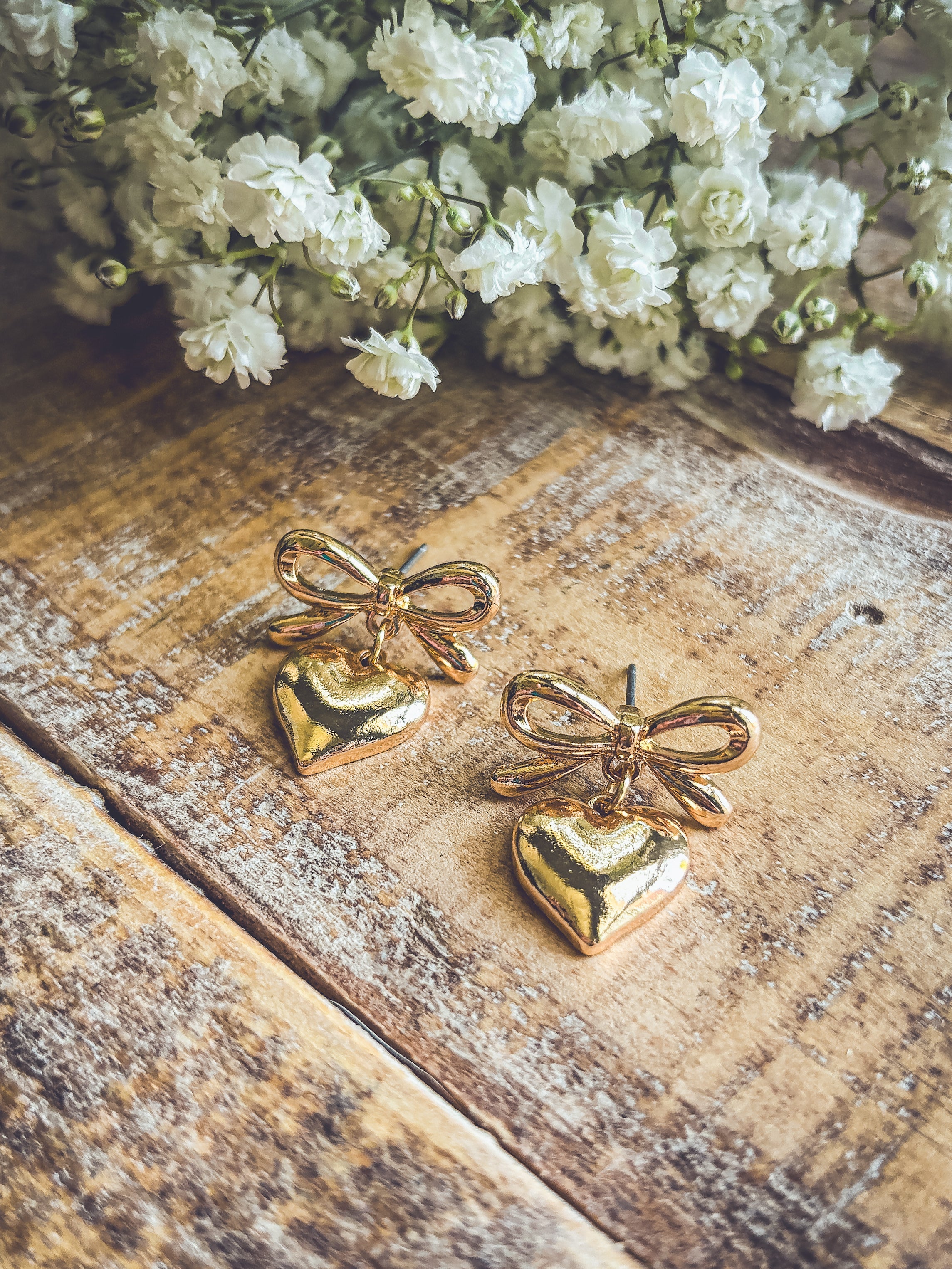 Beautiful Gold Heart Bow Earrings