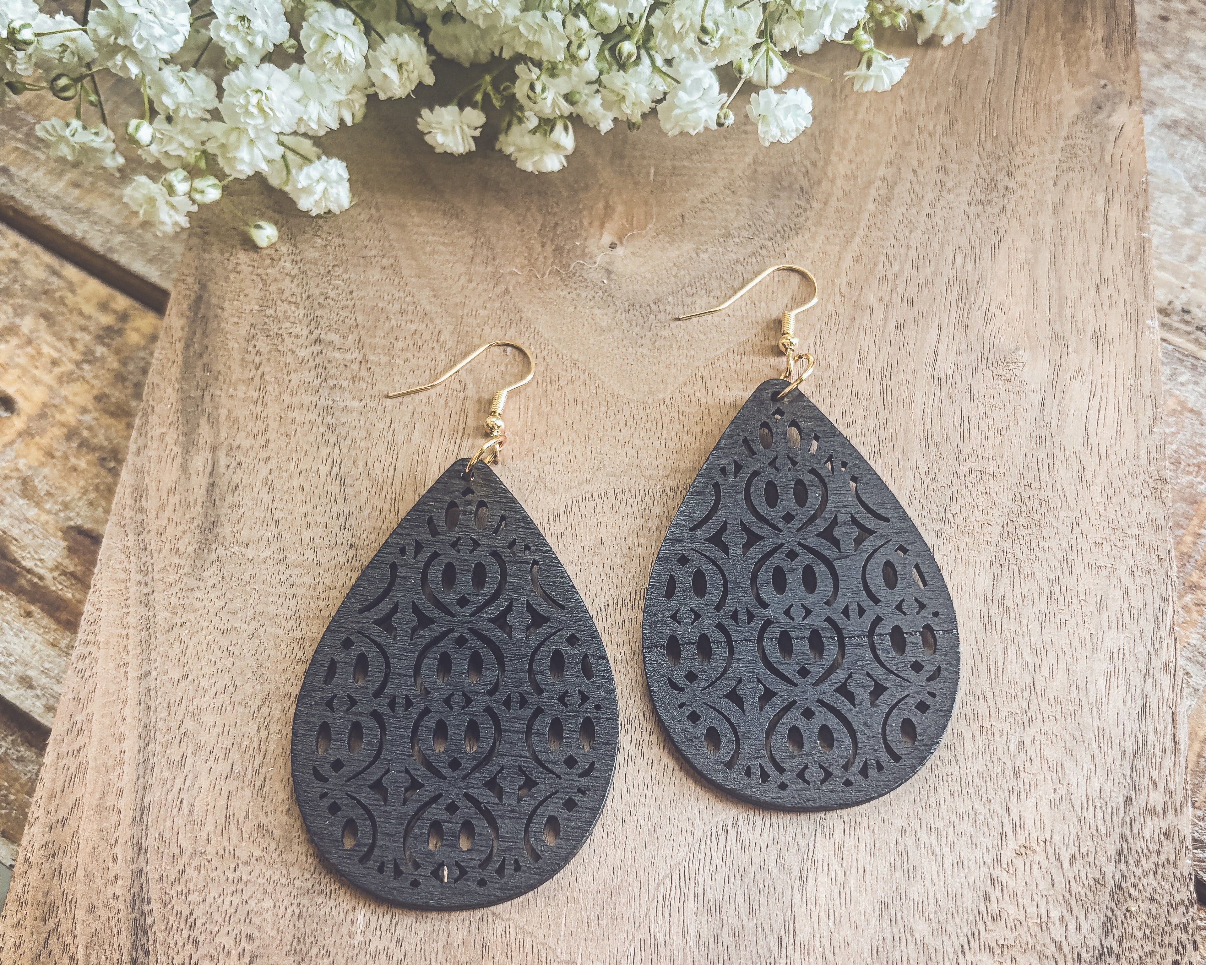 Beautiful Black Wooden Laser Cut Earrings