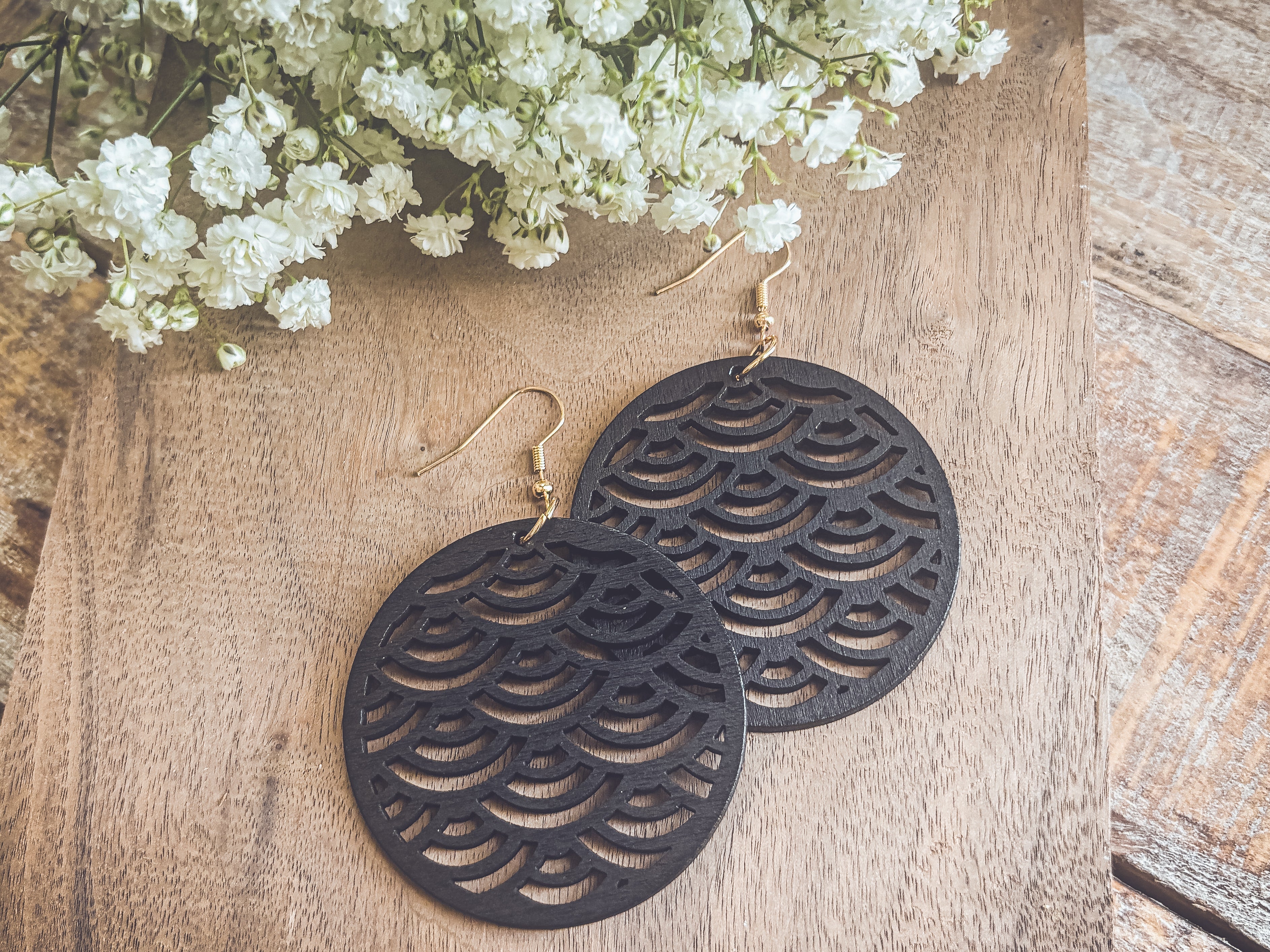 Beautiful Black Wooden Laser Cut Earrings