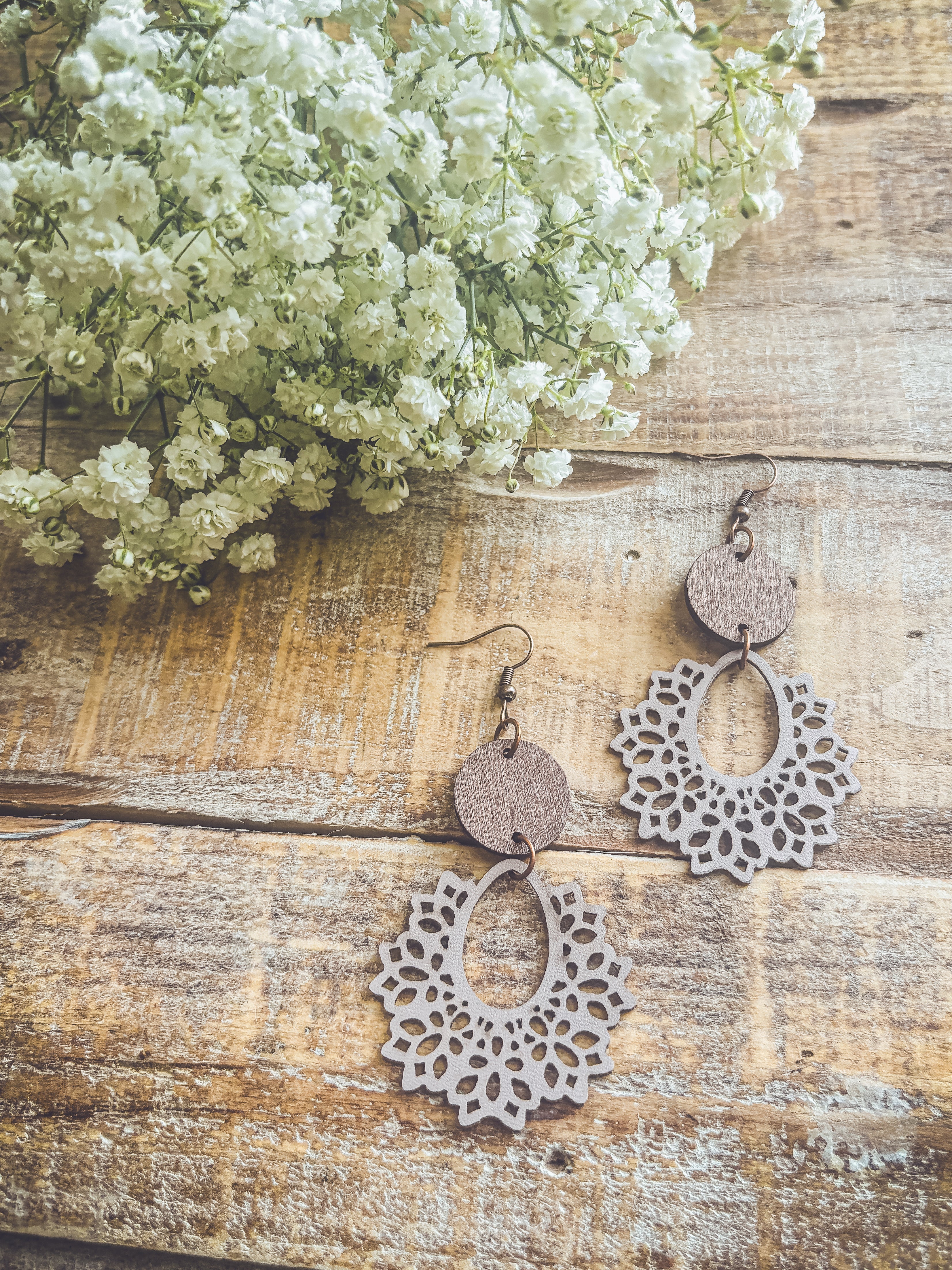 Beautiful Off White Wood Lavender Hued and Leather Earrings