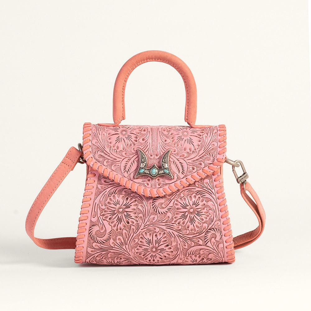 Loyal West Leon Mini Handle Purse - Pink Handtooled Leather & Calfskin