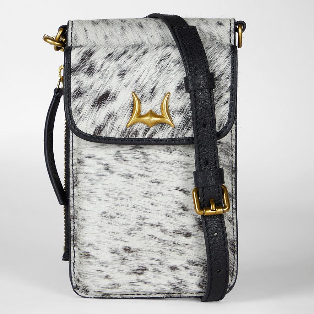 Loyal West SHELL PHONE BAG IN BLACK AND WHITE COWHIDE