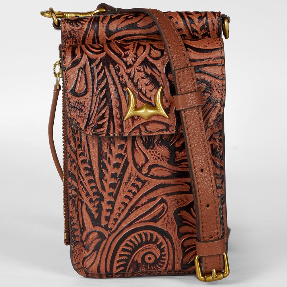 Loyal West SHELL PHONE BAG  IN HAND FINISHED EMBOSSED LEATHER - BROWN