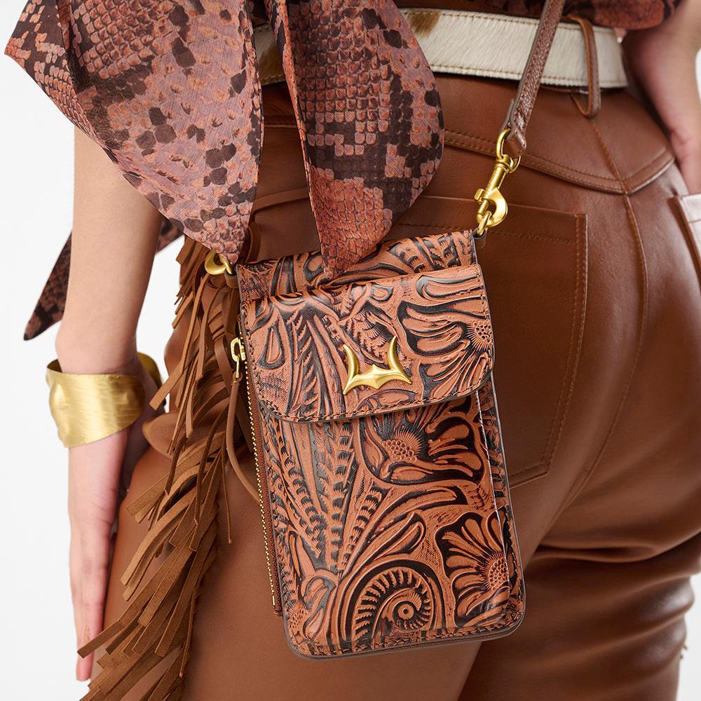 Loyal West SHELL PHONE BAG  IN HAND FINISHED EMBOSSED LEATHER - BROWN