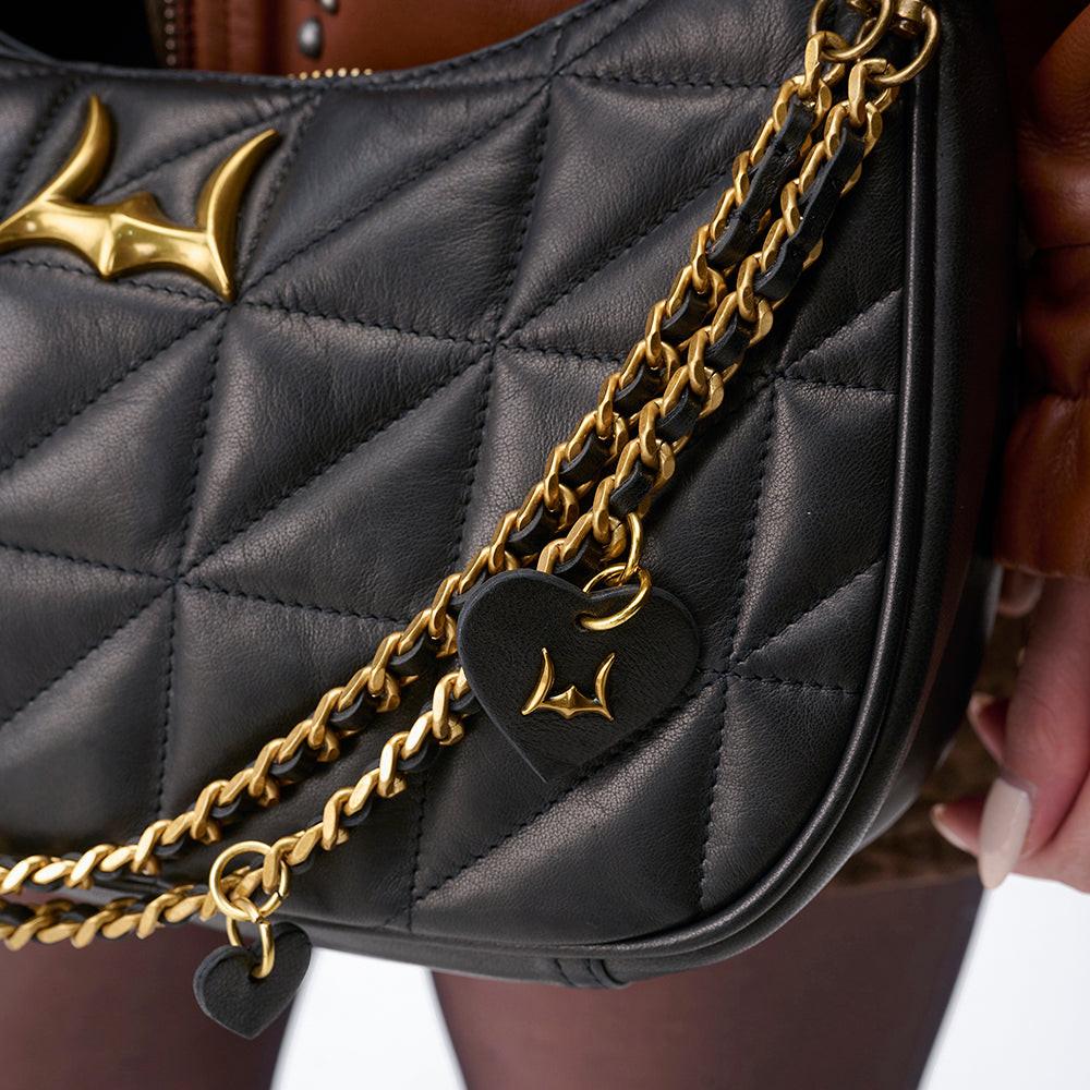 Loyal West HEART CHARM CHAIN IN BLACK CALF LEATHER (2 In 1 Crossbody Chain)