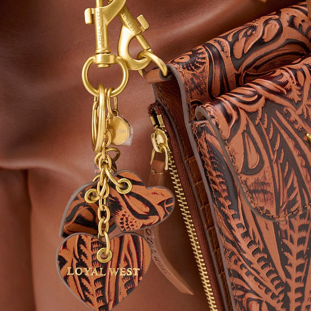 Loyal West HEART SHAPE KEYCHAIN IN HAND FINISHED EMBOSSED LEATHER -  BROWN