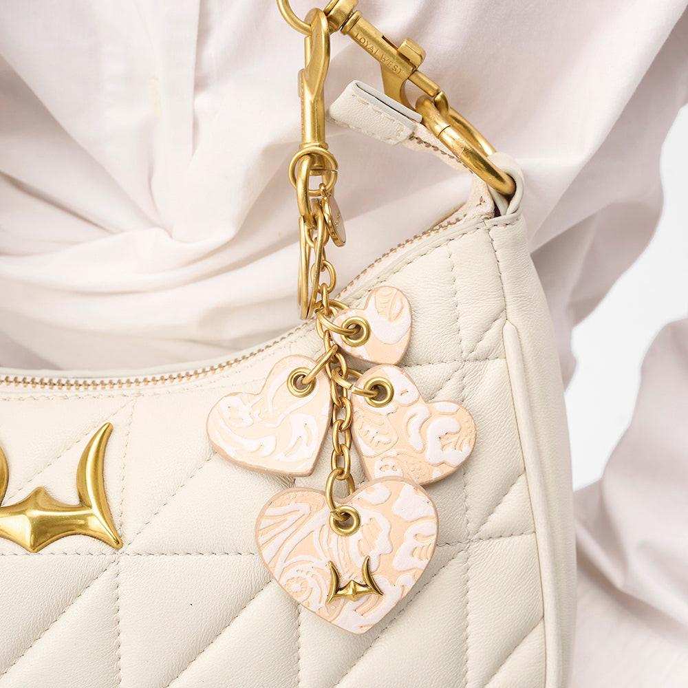 Loyal West HEART SHAPE KEYCHAIN IN HAND FINISHED EMBOSSED LEATHER - WHITE