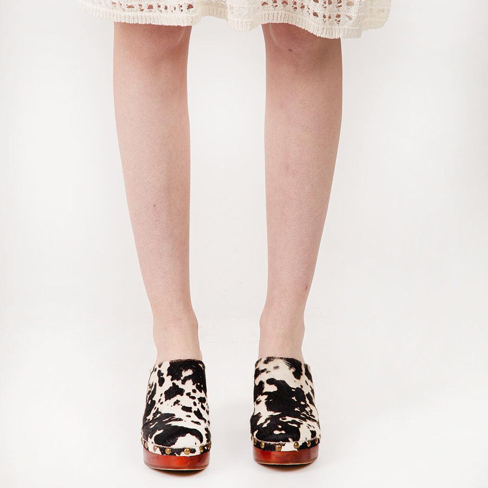 Loyal West Carlotta Trail Clogs Black And White Cowhide