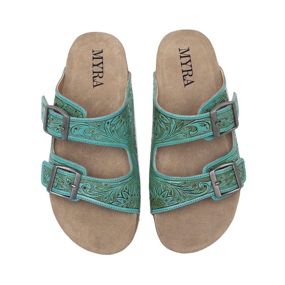 Myra Verdent Ranges Leather Sandals - Handtooled Dual Buckle Sandals with Soft Cushioning for Everyday Cool