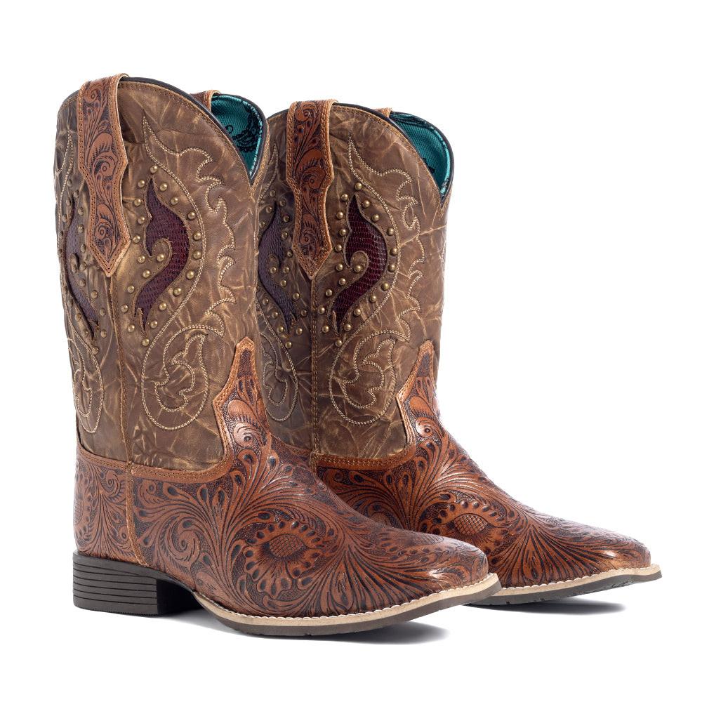 Myra Gianna Hand-Tooled Leather Boots for Women Studded Mid-Calf Western Brunch Heels with Embroidered Floral Designs