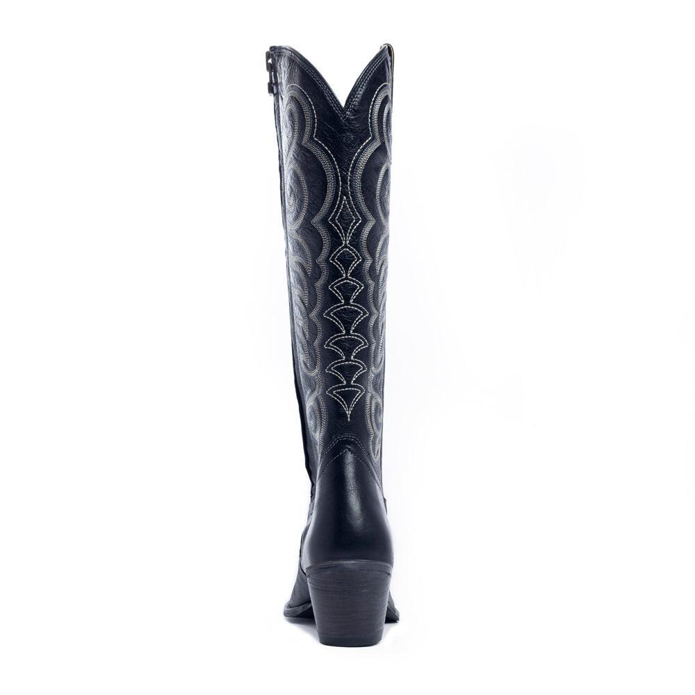 Myra Nalejandra Ebony Black Leather Boots for Women - Embroidered Tall Western Heels with Pointed Toe for Festive Country Style
