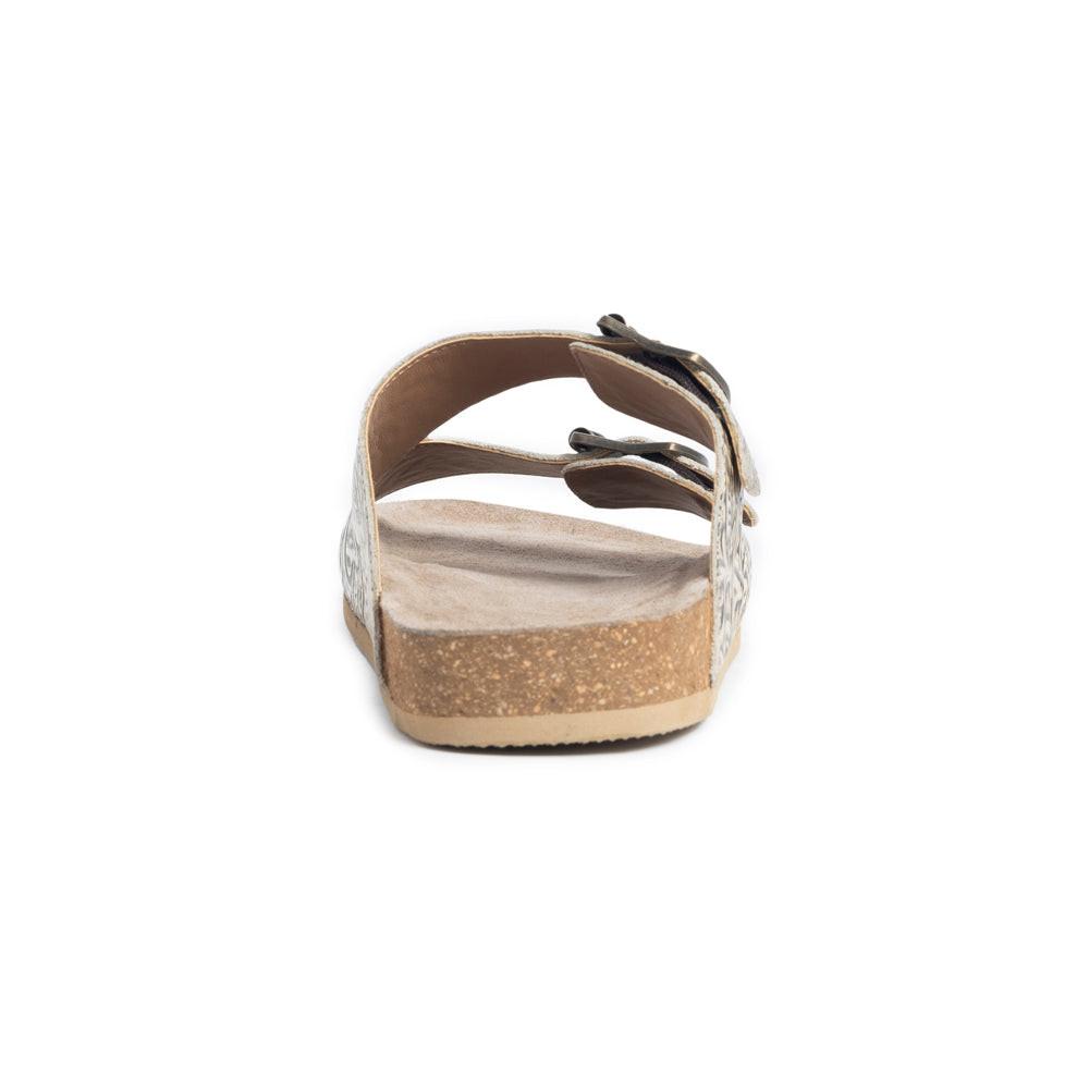 Myra Rio Amarillo Embossed Leather Sandals for Women in Beige â€“ Dual Buckle Design, Cork Sole Comfort, Western Slip-on