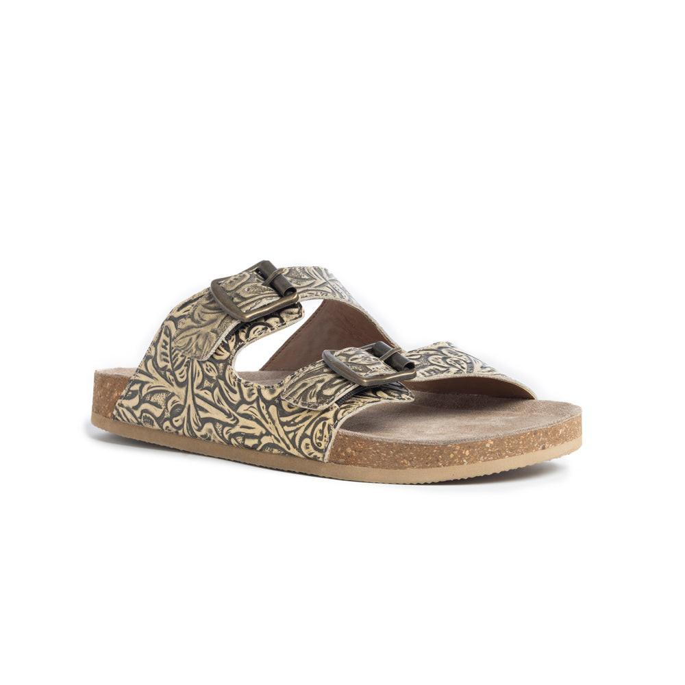 Myra Rio Amarillo Embossed Leather Sandals for Women in Beige â€“ Dual Buckle Design, Cork Sole Comfort, Western Slip-on