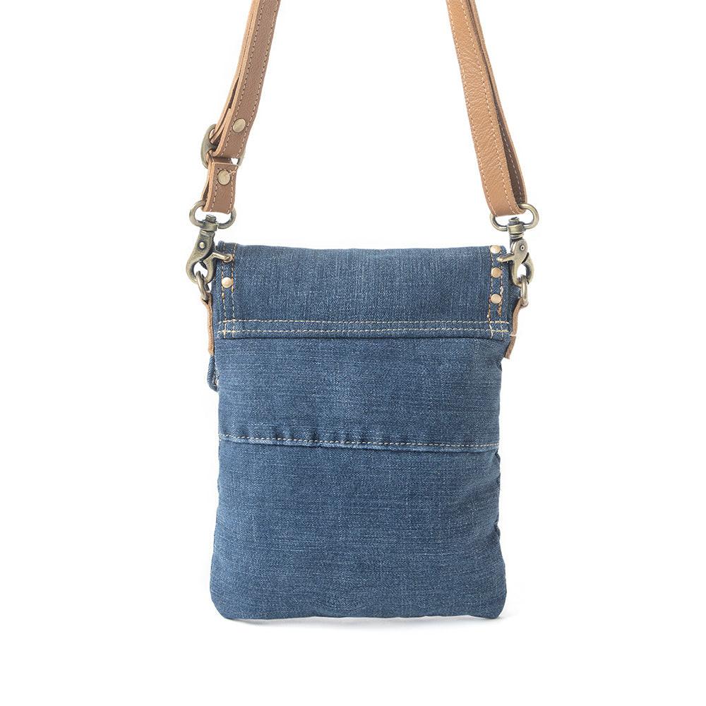 Myra Studded Dahlia Denim Crossbody Bag for Women – Upcycled Jeans with Leather Strap & Front Pocket Flap