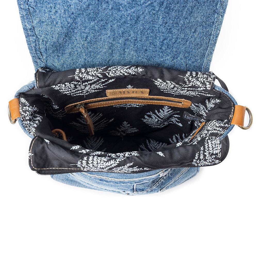 Myra Ashley Adventure Crossbody Bag â€“ Upcycled Denim with Leather Accents