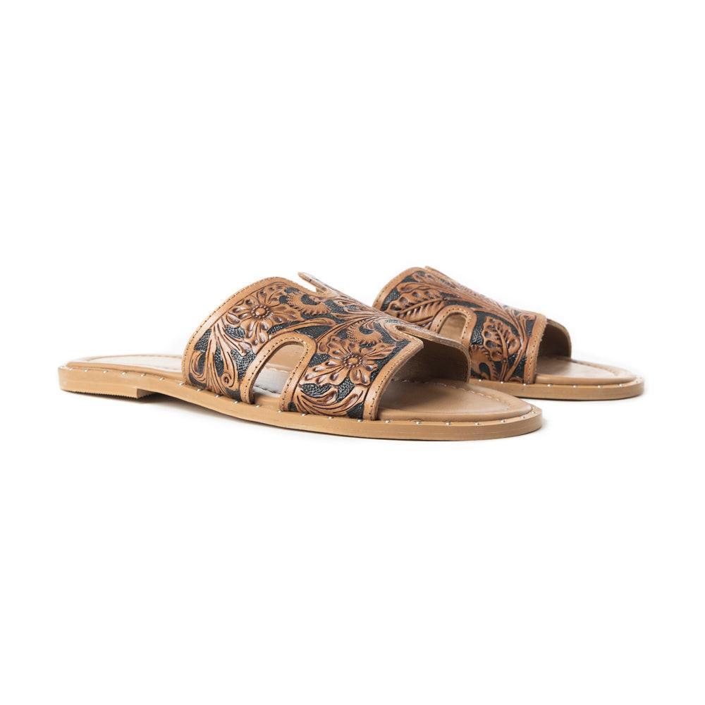 Myra Carmina Anne Dark Embossed Leather Slip-On Sandals for Women â€“ Western H-Cut Slides with Studded Trim
