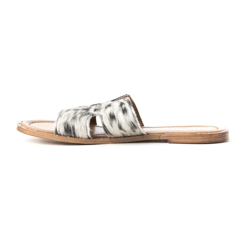 Myra Daleena Anne Leather Slide Sandals for Women – Western Style Open-Toe Flats with Natural Hairon Pattern