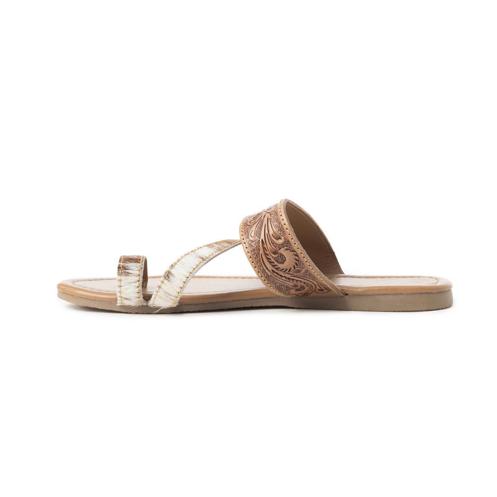 Myra LaDonna Trail Floral Handtooled Sandals for Women â€“ Beige Western Hairon Slip-Ons for Ranch Days & Rodeo Nights