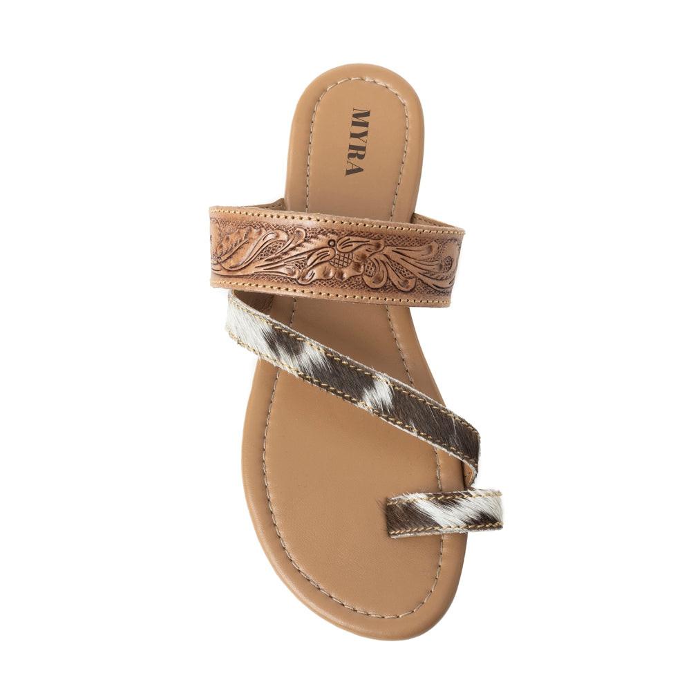 Myra LaDonna Trail Handtooled Sandals for Women â€“ Dark Brown Western Hairon Slip-Ons for Ranch Days & Rodeo Nights