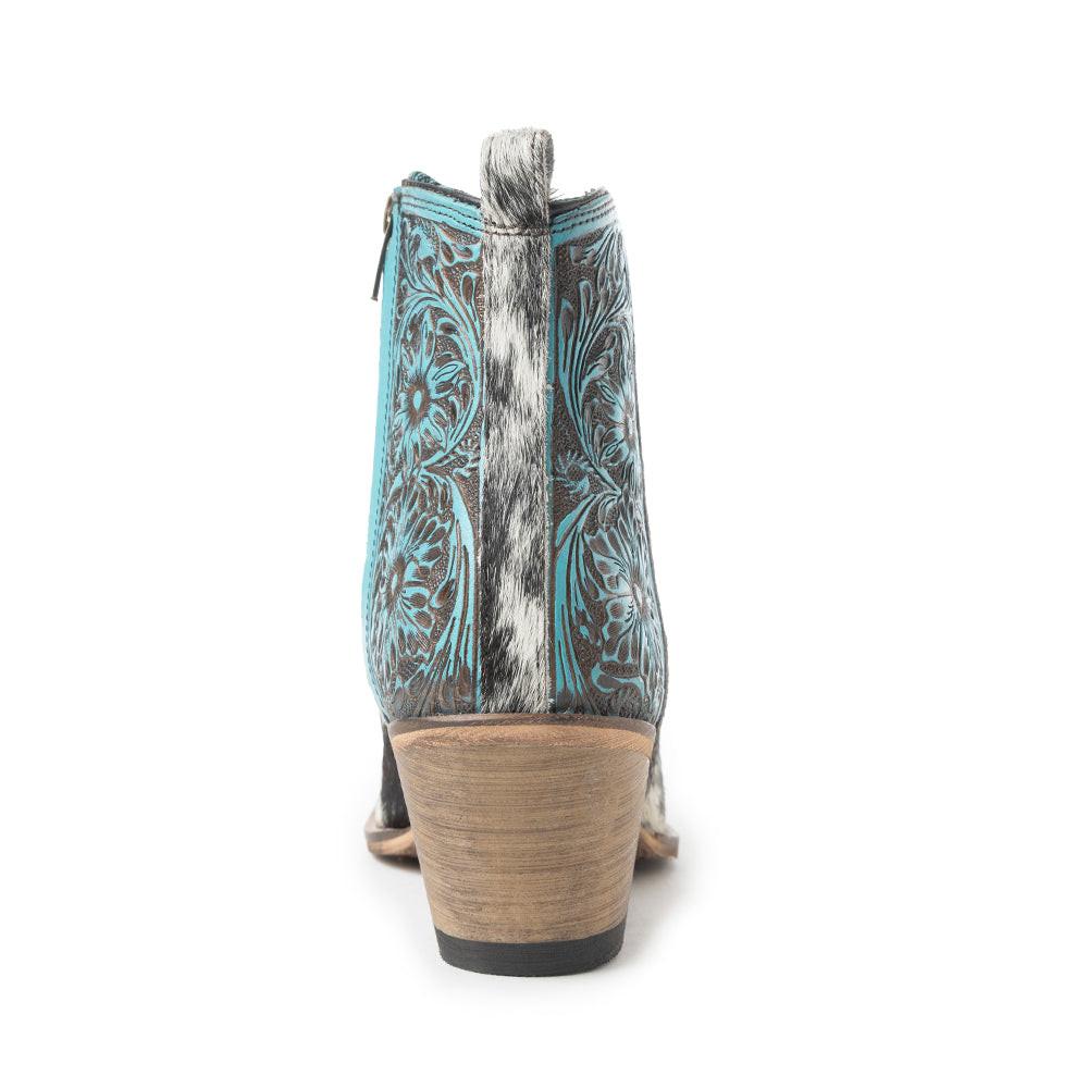 Myra Reyna Ridge Hairon Leather Booties Teal Handtooled Detail, Square Toe, Country Cowgirl Style