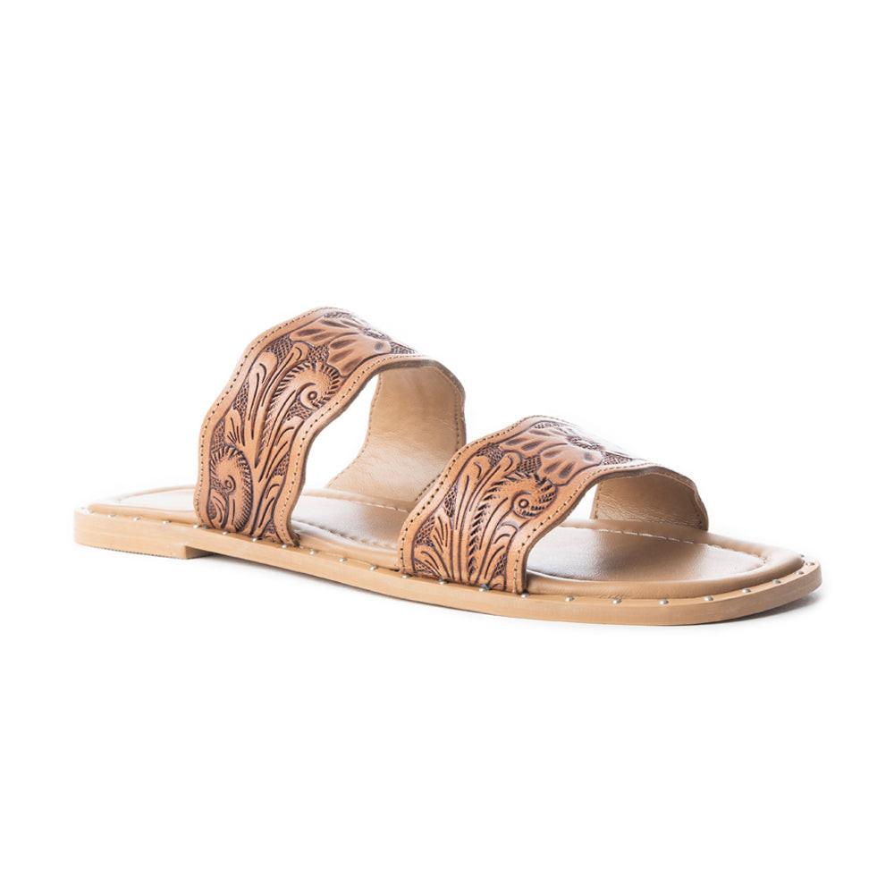 Myra Santa Fe Daisy Leather Sandals for Women - Handtooled Slides with Intricate Floral Design for Summer Comfort