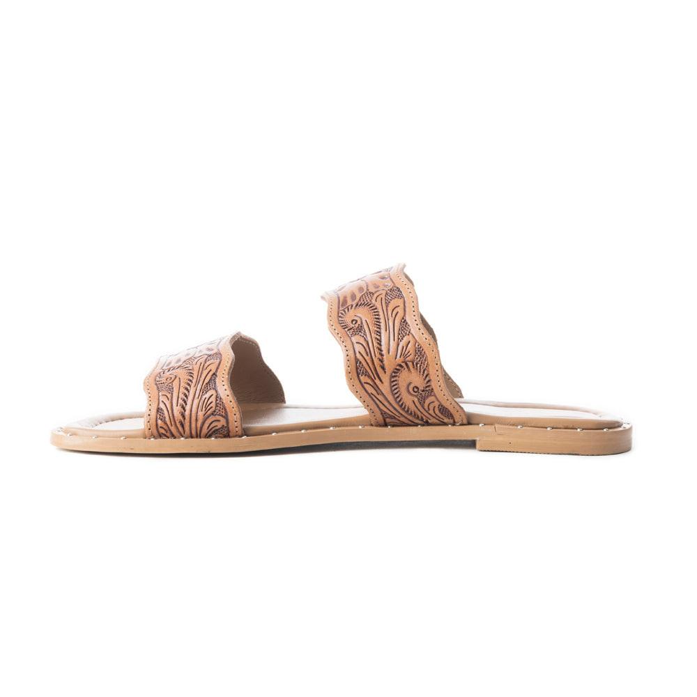 Myra Santa Fe Daisy Leather Sandals for Women - Handtooled Slides with Intricate Floral Design for Summer Comfort