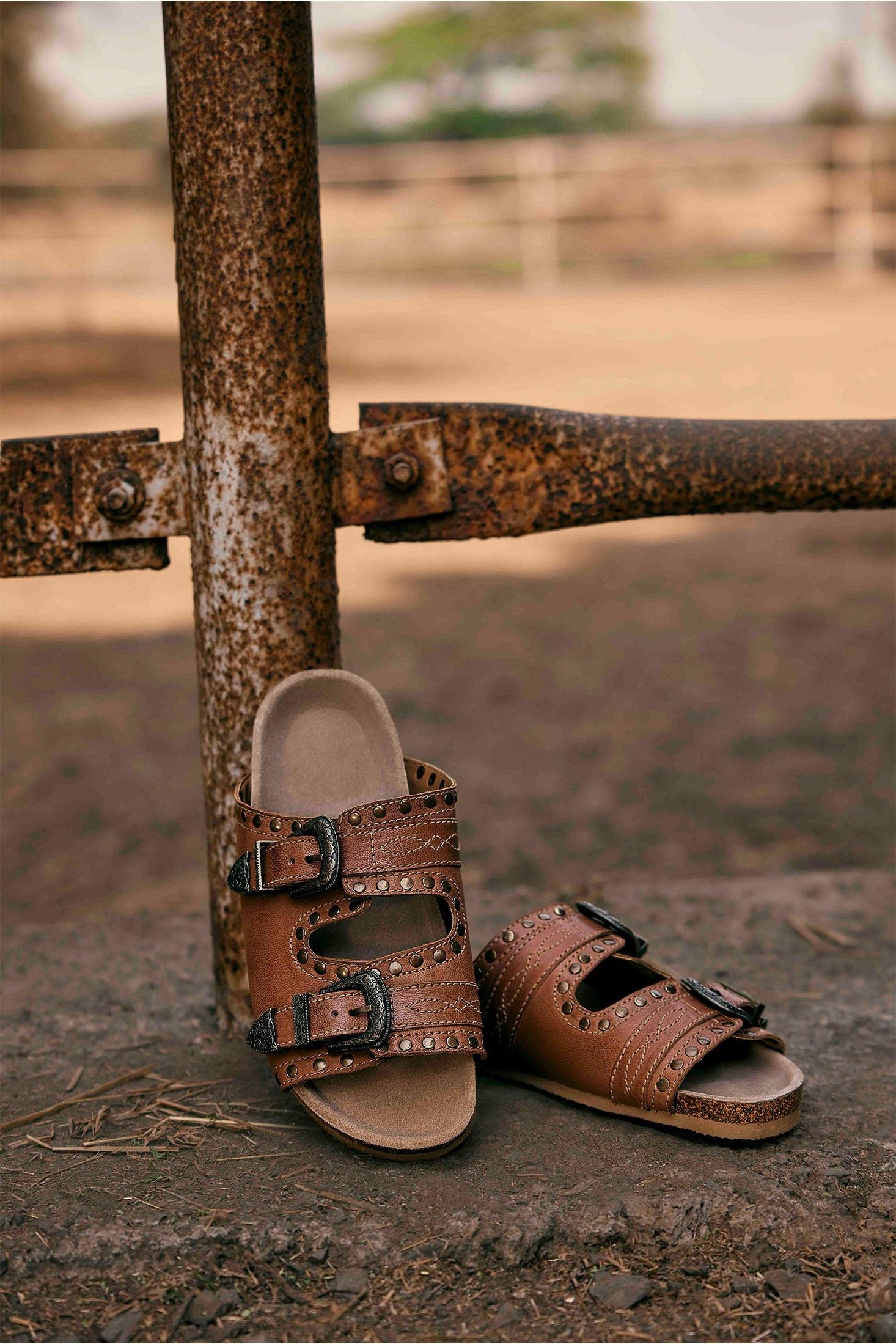 Myra Great Sonora Sunset Studded Leather Sandals for Women – Cork Sole, Antique Brass Dual Buckles for All-Day Comfort