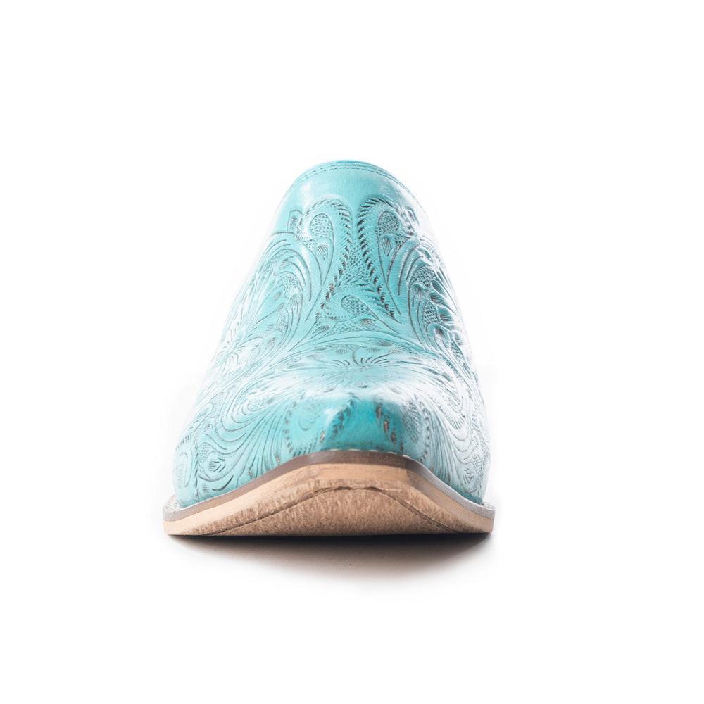 Valeria Hand-tooled Mules In Turquoise