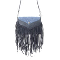Wild West Fringe Leather Crossbody Bag in Ash Denim