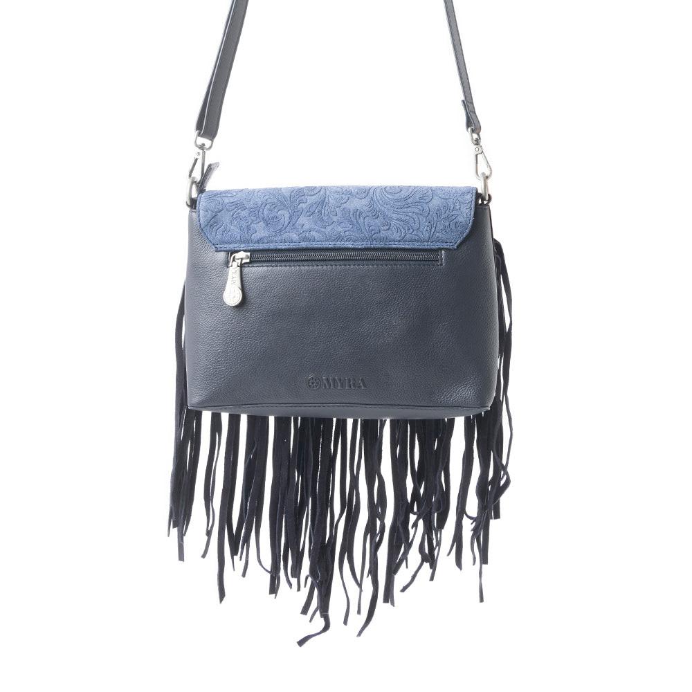 Wild West Fringe Leather Crossbody Bag in Ash Denim