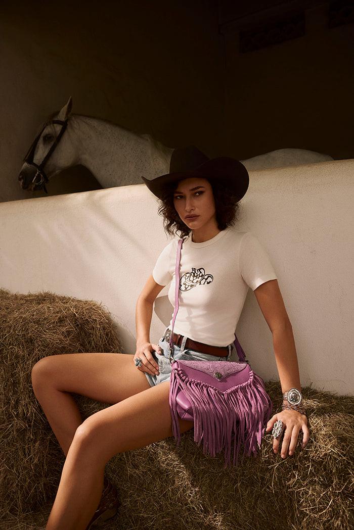 Wild West Fringe Leather Crossbody Bag in Purple