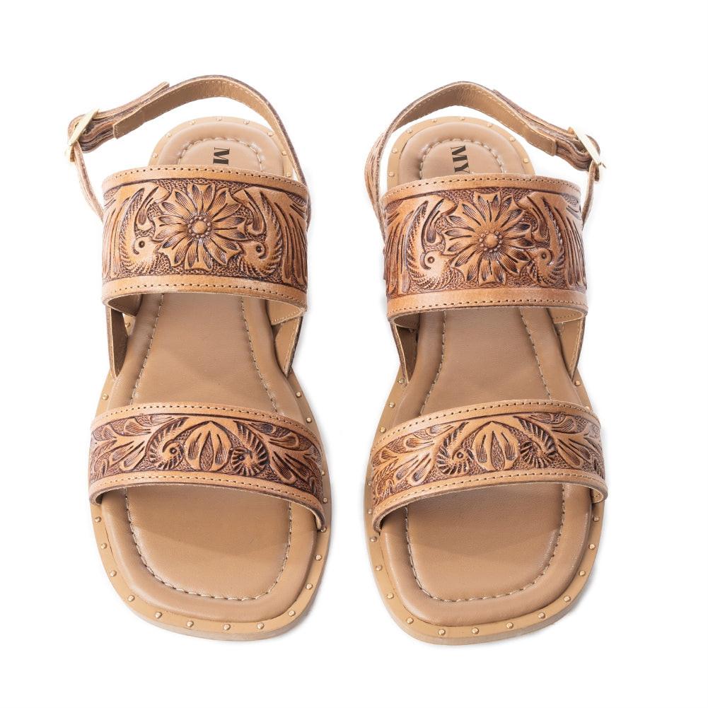 Myra Wildflower Wanderer Handtooled Leather Sandals for Women â€“ Ankle Buckle Strap, Western Floral Carving, Everyday Comfort