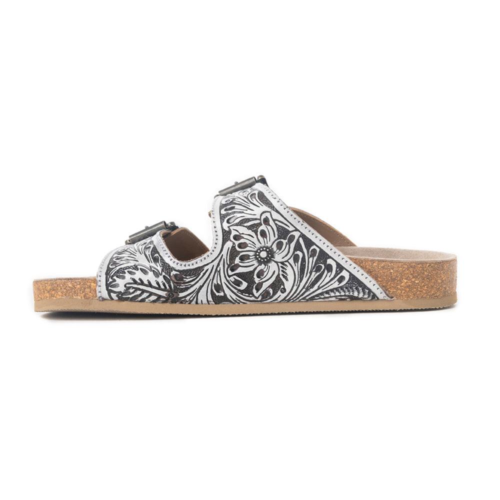 Mesa Scroll Handtooled Sandals in Brown & White